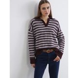 Lc Waikiki Yeni Sezon Polo Yaka Çizgili Oversize Kadın Triko Kazak - Bordo - M - L