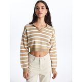 Lc Waikiki Yeni Sezon Polo Yaka Çizgili Uzun Kollu Crop Kadın Triko Kazak - Bej - M