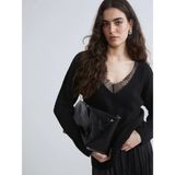 Lc Waikiki Yeni Sezon V Yaka Dantel Detaylı Oversize Kadın Triko Kazak - Siyah - XL