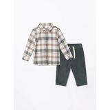 Lcw Baby Ekru Uzun Kollu Erkek Bebek Ekose Gömlek ve Pantolon 2'li Takım