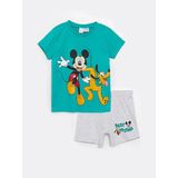 Lcw Baby Yeşil Bisiklet Yaka Kısa Kollu Mickey Mouse Baskılı Erkek Bebek Pijama Takımı