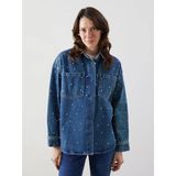 Lcw Comfort İndigo Gömlek Yaka Boncuklu Oversize Kadın Jean Tunik
