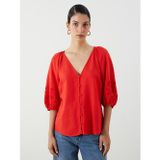 Lcw Comfort Kırmızı V Yaka Nakışlı Balon Kollu Bluz