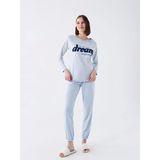 Lcw Dream Mavi Bisiklet Yaka Nakışlı Uzun Kollu Kadın Pijama Takımı
