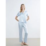 Lcw Dream Mavi Gömlek Yaka Desenli Saten Kadın Pijama Takım
