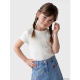 Lcw Kids Beyaz Taşlı Kalp Desenli Kız Çocuk Fitilli Tişört