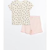 Lcw Kids Ekru Bisiklet Yaka Baskılı Kısa Kollu Kız Çocuk Şortlu Pijama Takımı
