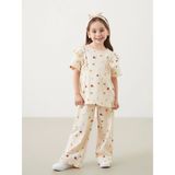 Lcw Kids Ekru Bisiklet Yaka Çiçekli Kız Çocuk Bluz ve Pantolon 2'li