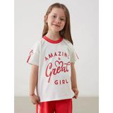 Lcw Kids Ekru Bisiklet Yaka Yazı Baskılı Kız Çocuk Tişört