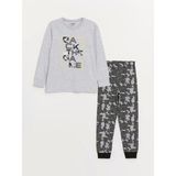 Lcw Kids Gri Bisiklet Yaka Baskılı Uzun Kollu Erkek Çocuk Pijama Takımı