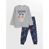Lcw Kids Gri Bisiklet Yaka Baskılı Uzun Kollu Polar Erkek Çocuk Pijama Takımı