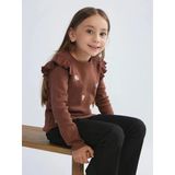 Lcw Kids Kahverengi Bisiklet Yaka Çiçek Nakışlı Kız Çocuk Tişört