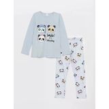 Lcw Kids Mavi Bisiklet Yaka Baskılı Uzun Kollu Kız Çocuk Pijama Takımı