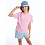 Lcw Kids Pembe Bisiklet Yaka Nakışlı Kısa Kollu Kız Çocuk Tişört