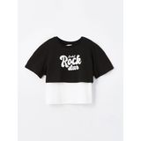 Lcw Kids Siyah Bisiklet Yaka Baskılı Kısa Kollu Kız Çocuk Crop Tişört ve Atlet