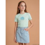 Lcw Kids Turkuaz Bisiklet Yaka Nakışlı Kız Çocuk Tişört