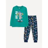 Lcw Kids Yeşil Bisiklet Yaka Baskılı Uzun Kollu Erkek Çocuk Pijama Takımı