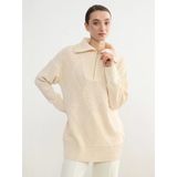 Lcw Modest Bej Polo Yaka Baklava Desenli Kadın Triko Tunik