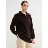 Lcw Modest Kahverengi Polo Yaka Baklava Desenli Kadın Triko Tunik