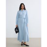 Lcw Modest Mavi Çizgili Kuşaklı Poplin Gömlek Elbise