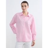Lcw Modest Pembe Çizgili Poplin Kadın Gömlek