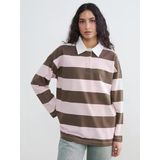 Lcw Modest Pembe Polo Yaka Çizgili Oversize Kadın Sweatshirt Tunik