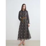 Lcw Modest Siyah Dik Yaka Desenli Kemerli Şifon Elbise