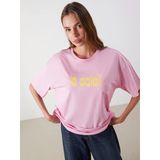 Lcw Vision Pembe Baskılı Oversize %100 Pamuklu Kadın Tişört