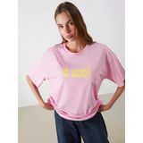 Lcw Vision Pembe Bisiklet Yaka Baskılı Oversize Kadın Tişört
