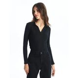 Lcw Vision Siyah Polo Yaka Düz Uzun Kollu Kadın Body