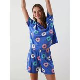 Lcw Young Mavi Bisiklet Yaka Desenli Kadın Şortlu Pijama Takımı