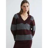 Lcwaıkıkı Classic Bordo V Yaka Çizgili Oversize Kadın Triko Kazak
