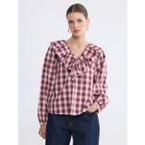 Lcwaıkıkı Classic Bordo V Yaka Volanlı Ekose Bluz