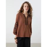 Lcwaıkıkı Classic Kahverengi Kaçık Yaka Nakışlı Oversize Kadın Bluz