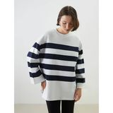 Lcwaıkıkı Classic Lacivert Bisiklet Yaka Çizgili Oversize Kadın Sweatshirt Tunik
