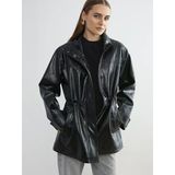 Lcwaıkıkı Classic Siyah Dik Yaka Oversize Kadın Deri Görünümlü Ceket