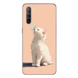 Le Balvo Oppo Reno 3 Uyumlu Beyaz Kelebekli Kedi Baskılı Silikon Kılıf
