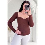 LE CARAMBOLE Kadın Kahverengi Kalp Yaka Triko Bluz