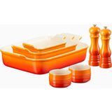 Le Creuset 5 Parça Seramik Fırın Kabı ve Tuz-Biber Değirmeni Seti - Turuncu