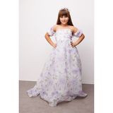 Le Mabelle Lila Çiçek Desenli Organze Straplez Kız Çocuk Mezuniyet Elbisesi - Lovisa - 10 Yaş