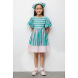 Le Mabelle Mint Çizgili Kız Çocuk Poplin Elbise - Juno - 02Y-Yeşil - 8 Yaş