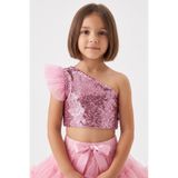 Le Mabelle Pembe Pullu Tek Omuzlu Kolu Tül Detaylı Kız Çocuk Crop Bluz - Bianca