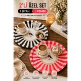 Le Paon 2'li Yuvarlak Metal Sunum Tepsisi 23 cm Siyah & Pembe Desenli Kahve İkram Tepsisi
