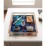 Le Paon 30 cm Dekoratif Lüks Tepsi - Mermer Desenli Rose Gold Metal Organizer, Söz Nişan Tepsisi, Sunum Tepsisi - Mavi