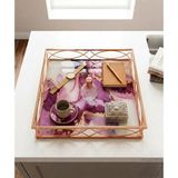 Le Paon 30 cm Dekoratif Lüks Tepsi - Mermer Desenli Rose Gold Metal Organizer, Söz Nişan Tepsisi, Sunum Tepsisi - Pembe
