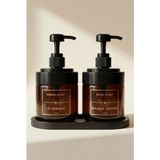 LE Paris 2’li Füme Cam Sıvı Sabunluk Seti | El ve Bulaşık Sabunu | Standlı Banyo Düzenleyici | 425 ml x 2 - Amber