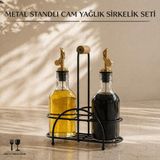 LE Paris 3'lü Metal Stantlı Cam Yağlık Sirkelik Seti - Damlatmaz Gold Başlıklı Dekoratif Sosluk Takımı - Siyah