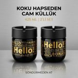 LE Paris Hello Baskılı 2 Adet Cam Kokusuz Küllük | Dumansız | Rüzgar Önleyici Kapaklı Dekoratif Cam Küllük | 425 ML | Siyah