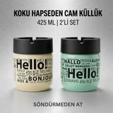 LE Paris Hello Baskılı 2 Adet Cam Kokusuz Küllük | Dumansız | Rüzgar Önleyici Kapaklı Dekoratif Cam Küllük | 425 ml - Yeşil - Sarı