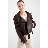 Lebeni Kadın Kısa Deri Ceket - Oversize Crop Trençkot Kesim Bol Mevsimlik Hakiki Deri